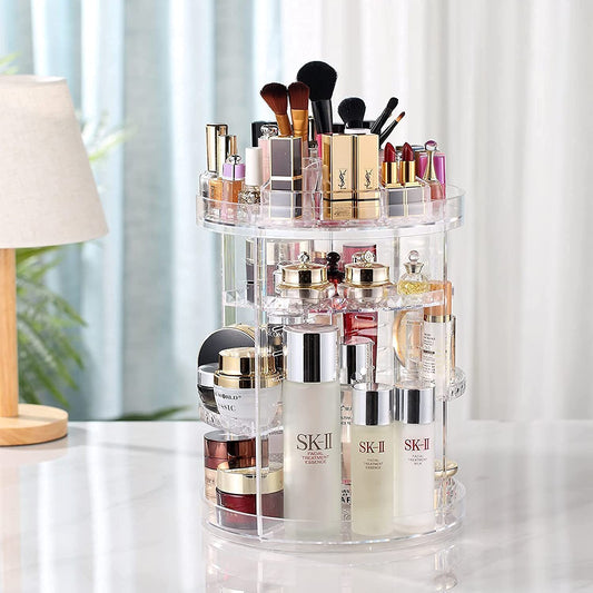 360° Rotating Makeup Organizer – Adjustable Large Capacity Cosmetic Storage for Vanity, Bathroom, or Bedroom