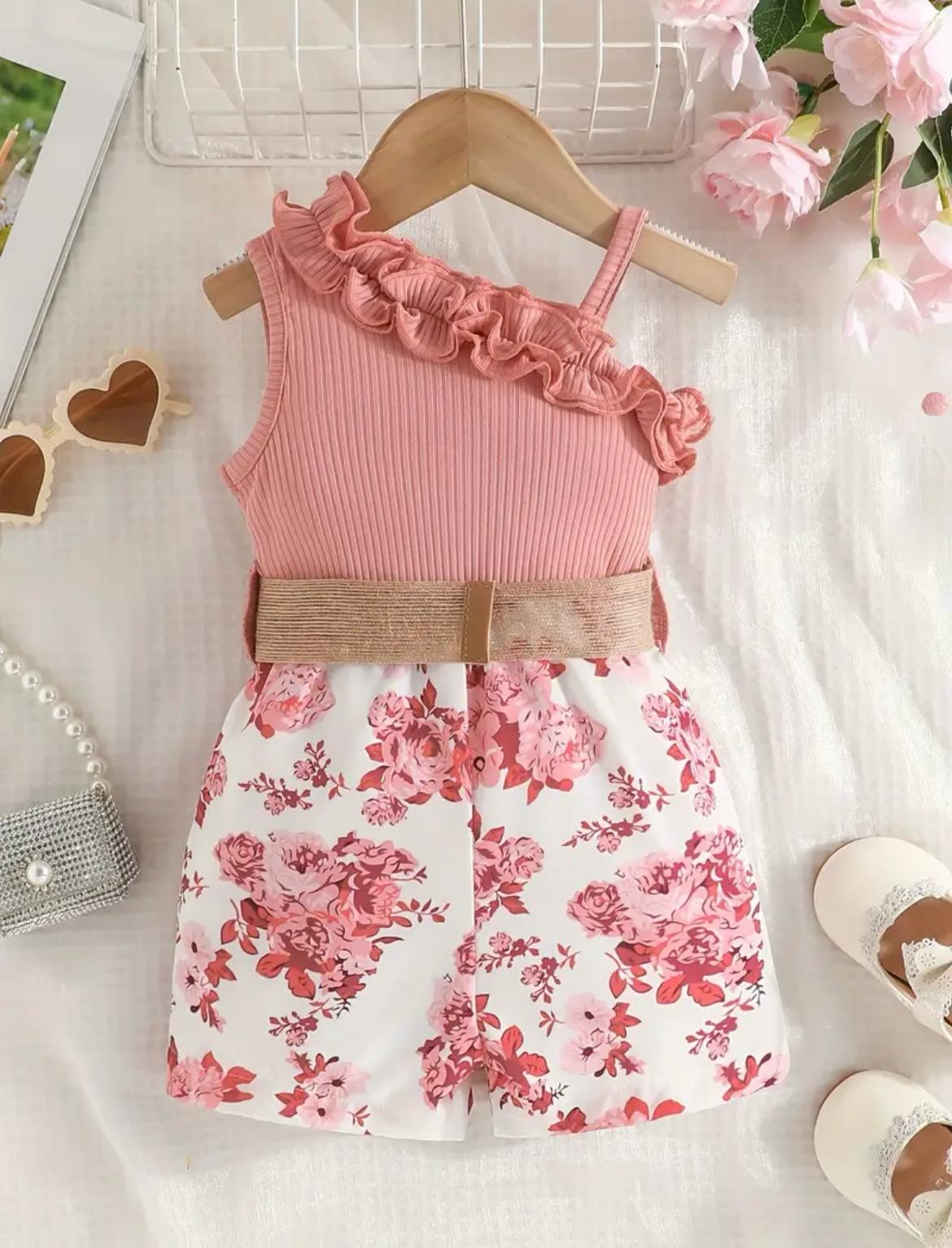 Baby Girl Floral One-Shoulder Romper with Belt – Summer Vacation Outfit for Toddlers & Infants
